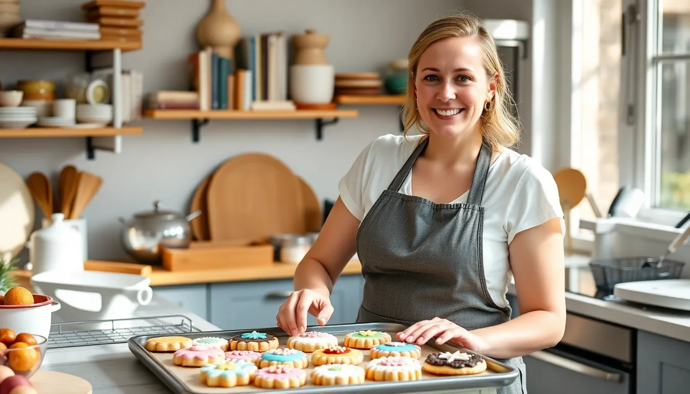 Kelly Griffin decorating cookies in a bright, modern kitchen.
