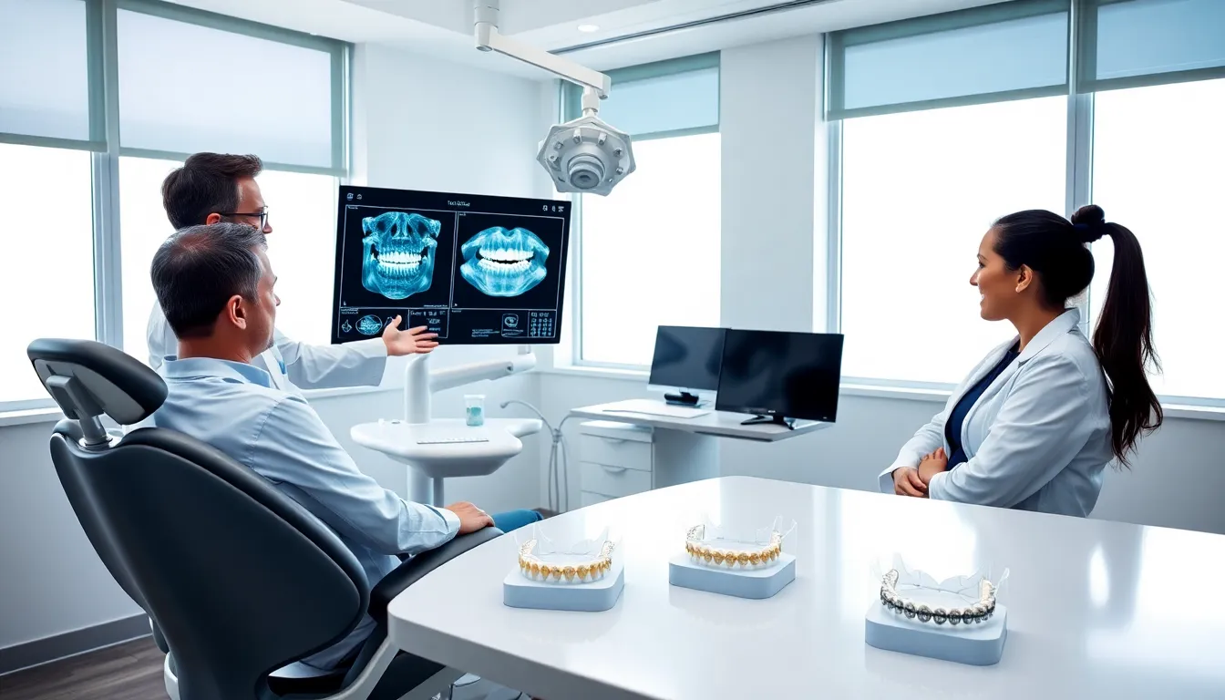 Dentist consulting with patient and showing digital scans in a modern clinic.