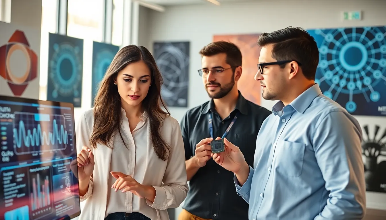 engineers discussing quantum and neuromorphic computing in a modern office.
