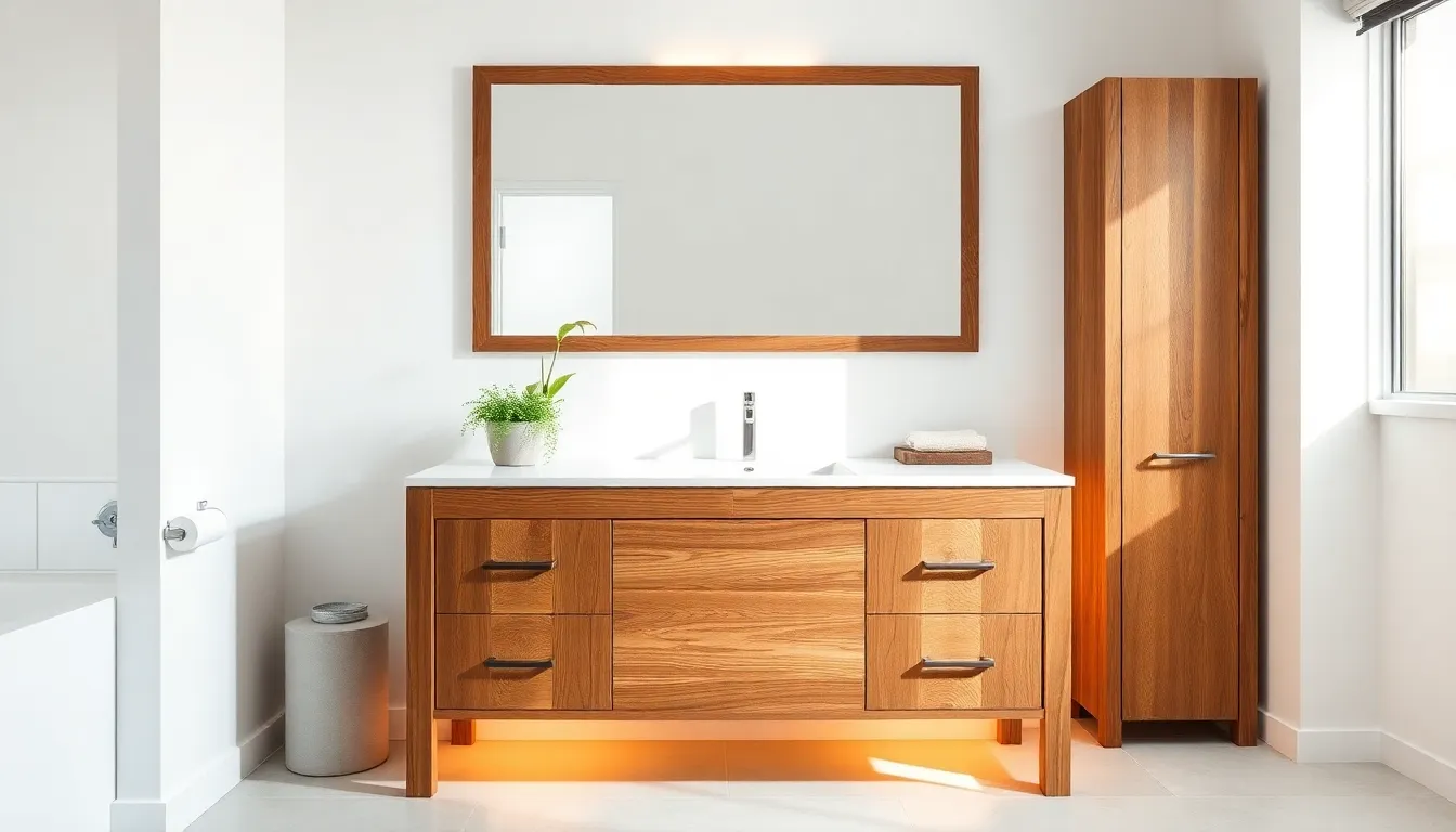 Eco-friendly bathroom vanity made from reclaimed wood in a modern setting.