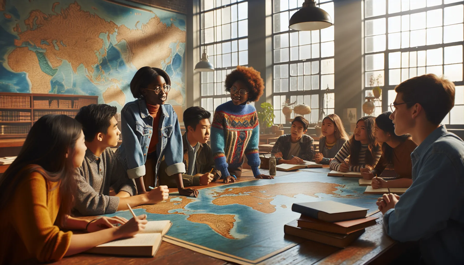 a diverse group of students discussing BCE and CE in a modern classroom.