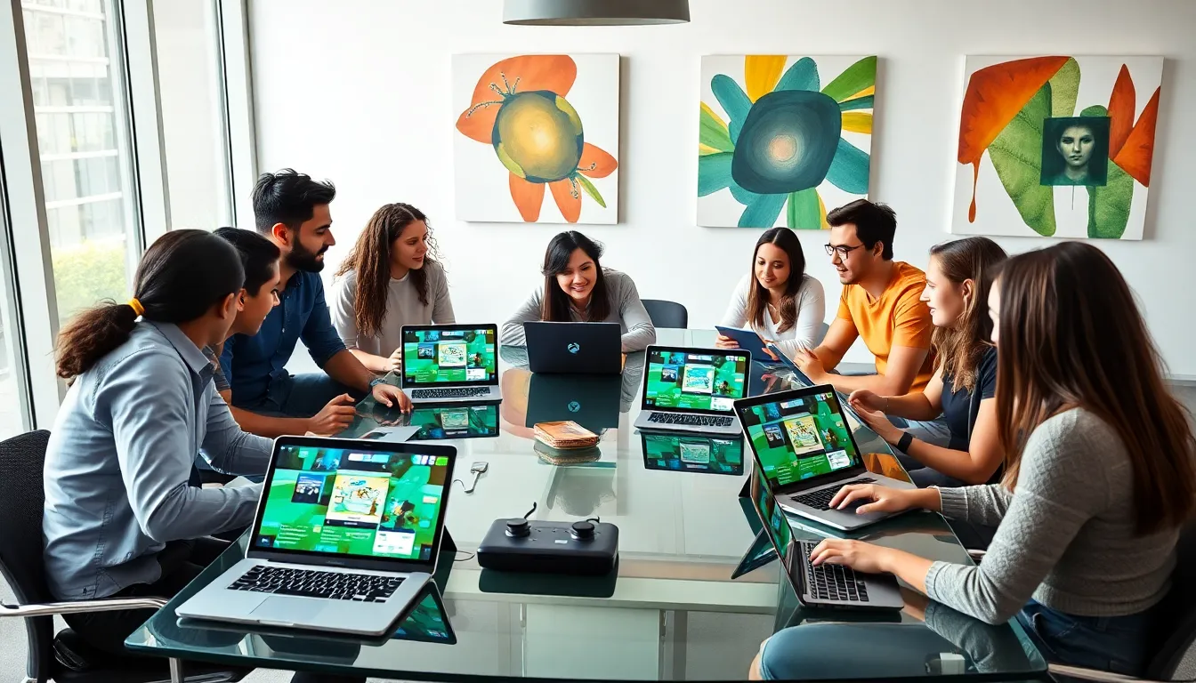 diverse team collaborating on game development in a modern office.