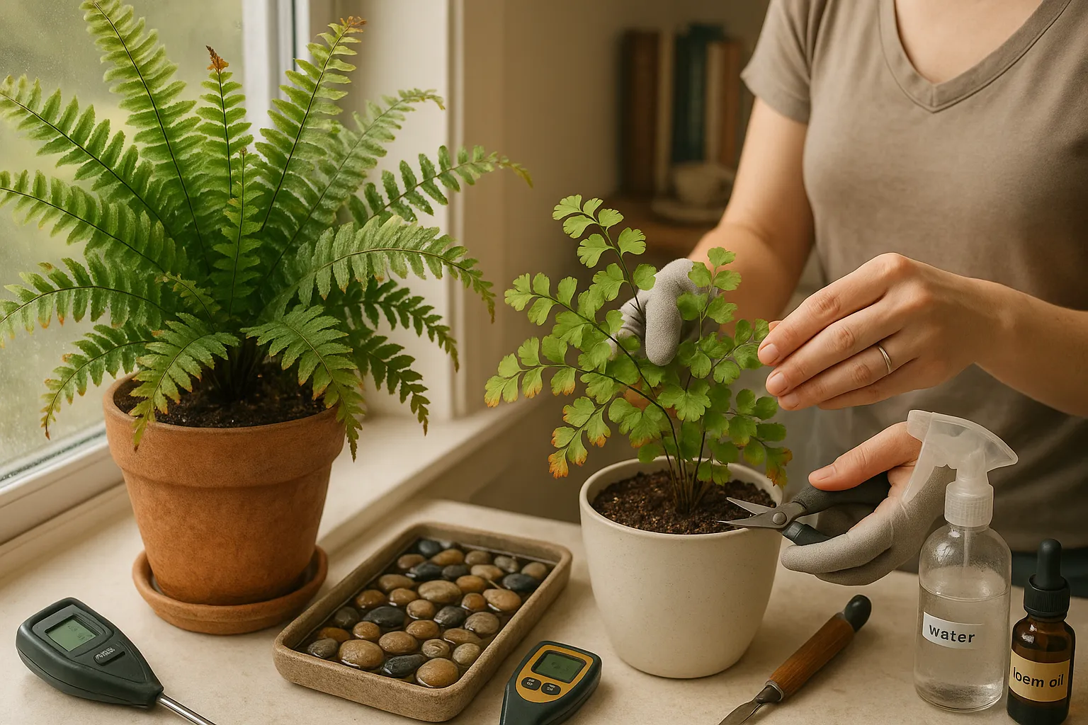 Hands trimming a maidenhair beside a Boston fern on a sunny windowsill.