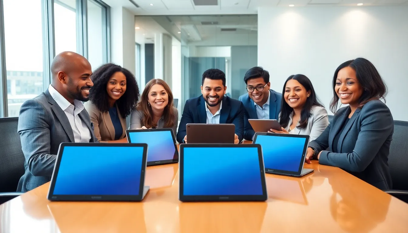 diverse team discussing refurbished Samsung tablets in a modern office.