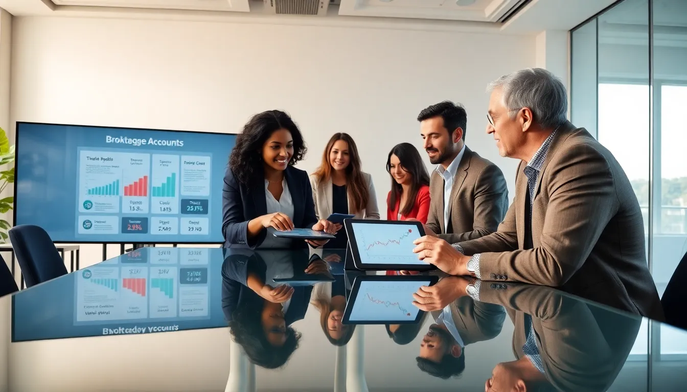 diverse team discussing brokerage accounts in a modern office.