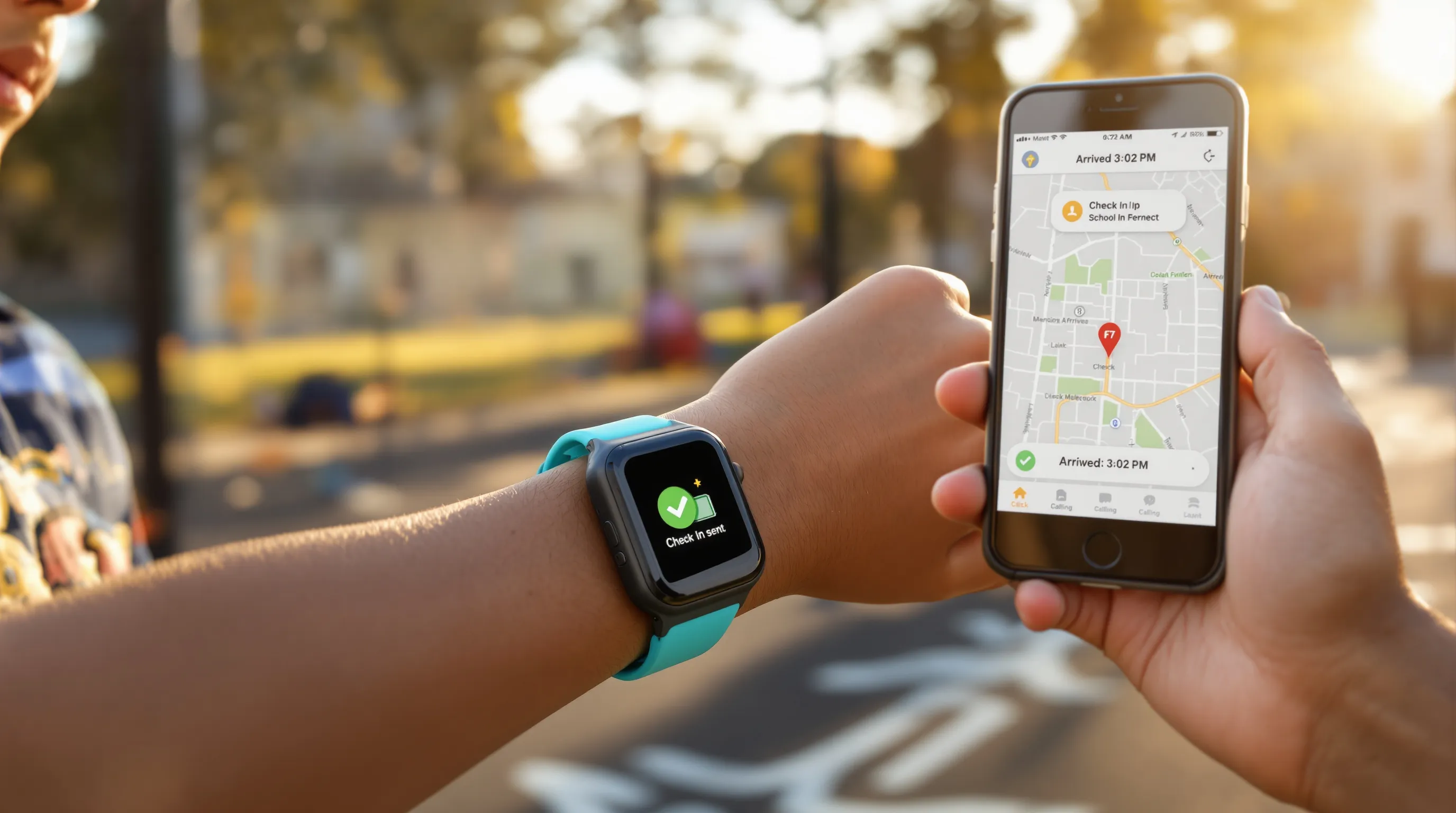 Child uses GPS kids smartwatch to send check-in at school playground.
