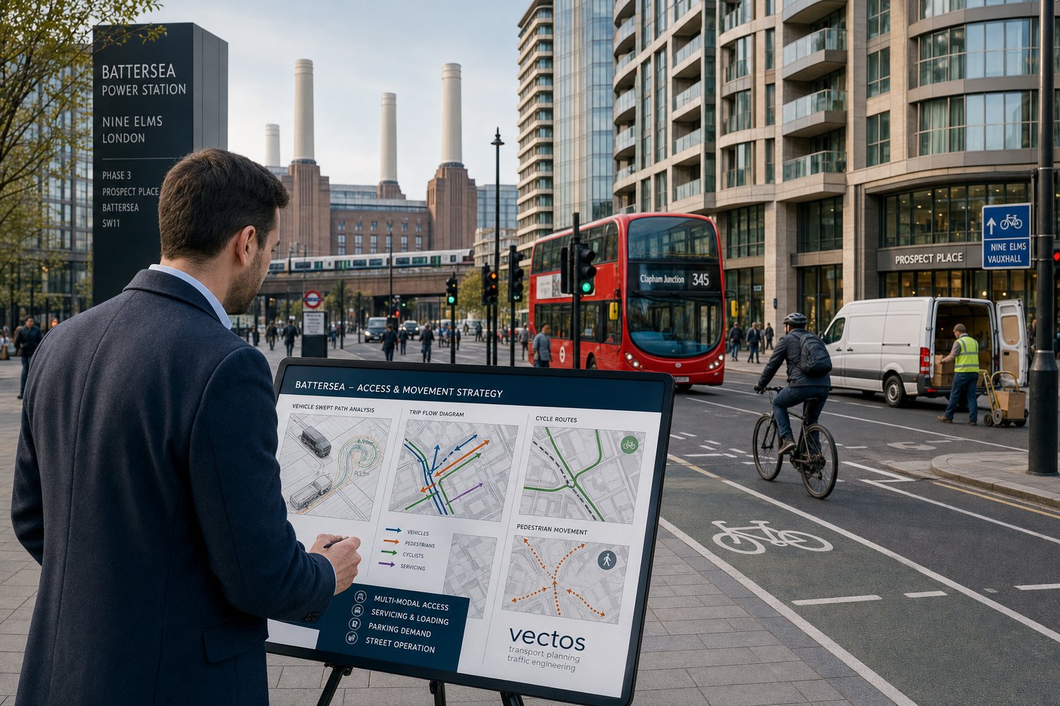 Traffic engineer reviewing Battersea development access and street movement plans.