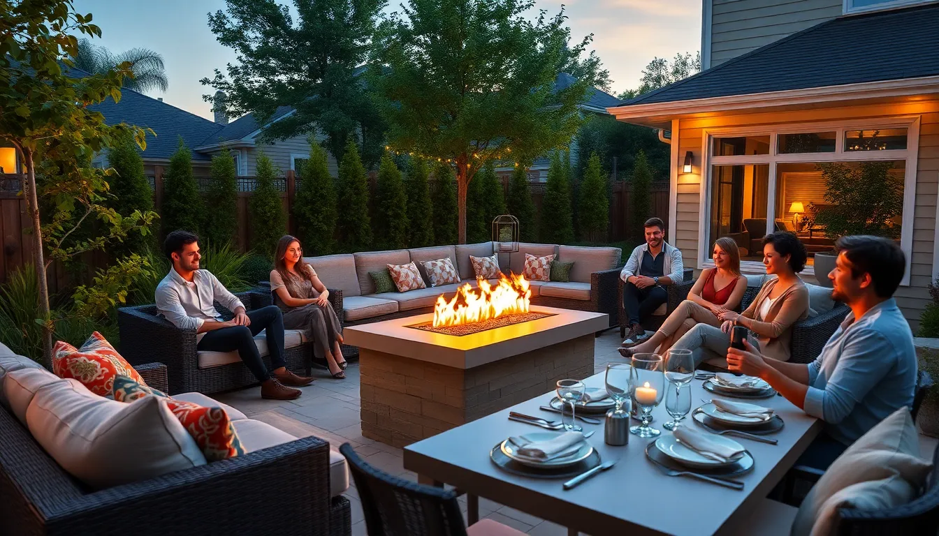 an inviting outdoor living space with a modern fireplace and friends gathered.