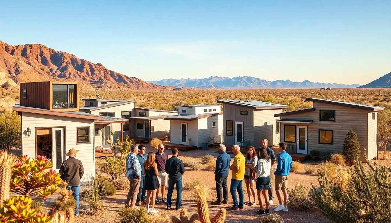 diverse people discussing tiny homes in a desert setting.