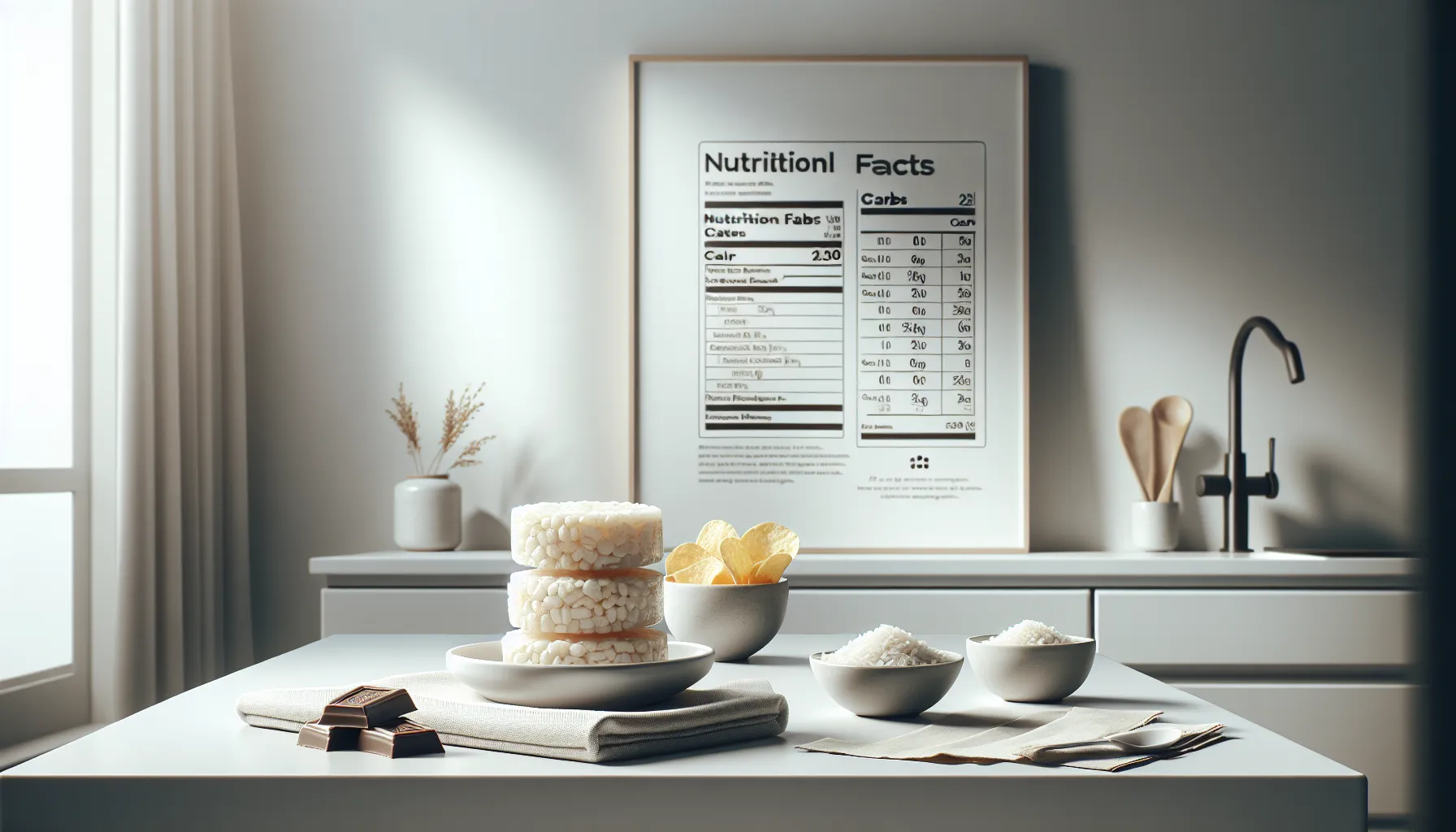 Rice cakes with a nutrition chart on a modern kitchen counter.