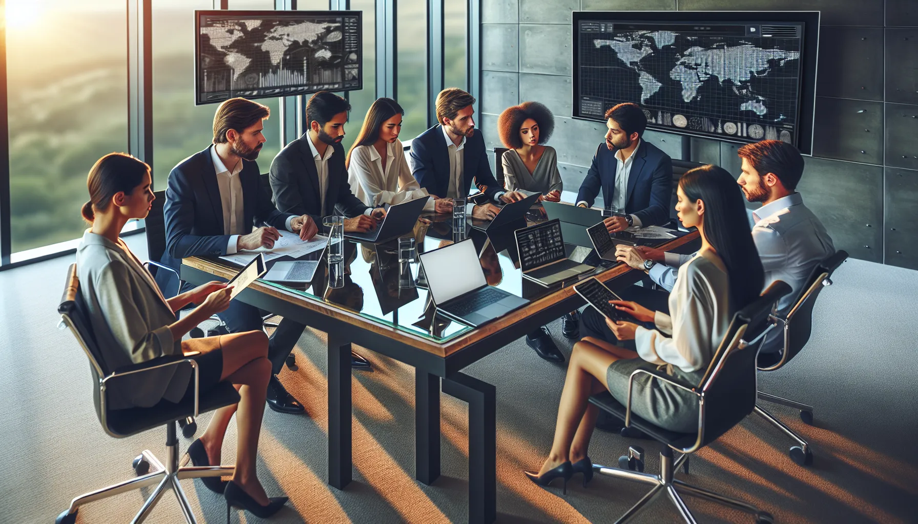 professionals discussing cryptocurrency research in a modern office.