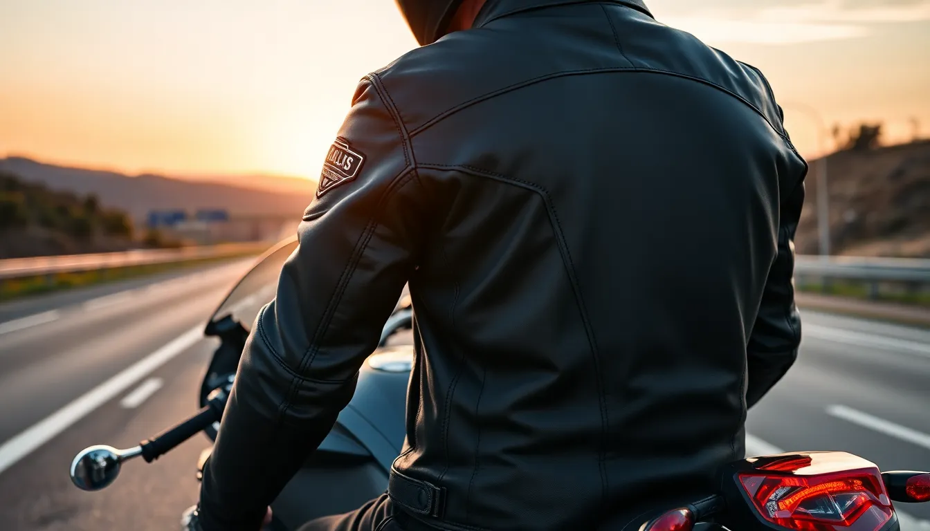 motorcyclist in premium Felipewillis gear on a highway at sunset.