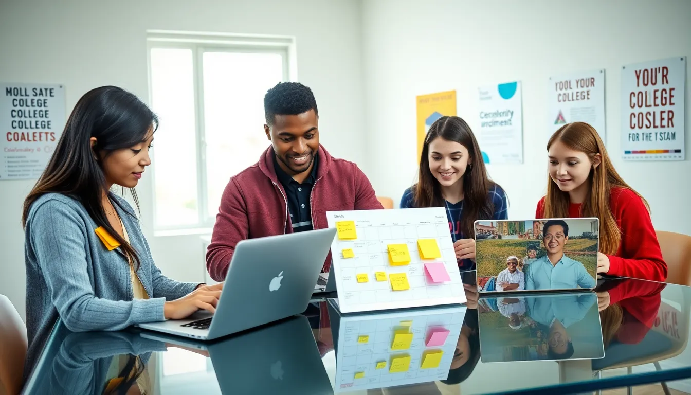 students collaborating on college applications in a modern workspace.
