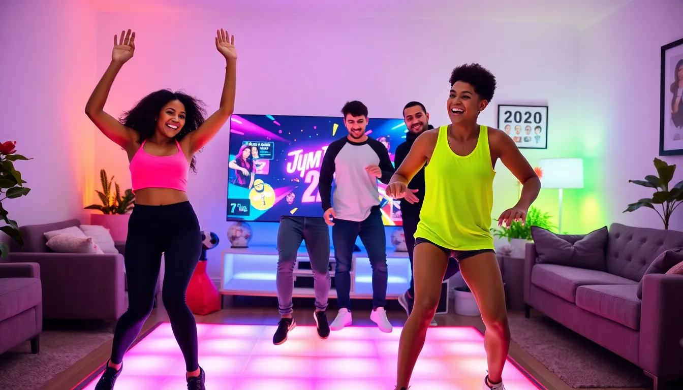 four friends dancing in a colorful living room during Just Dance 2022.