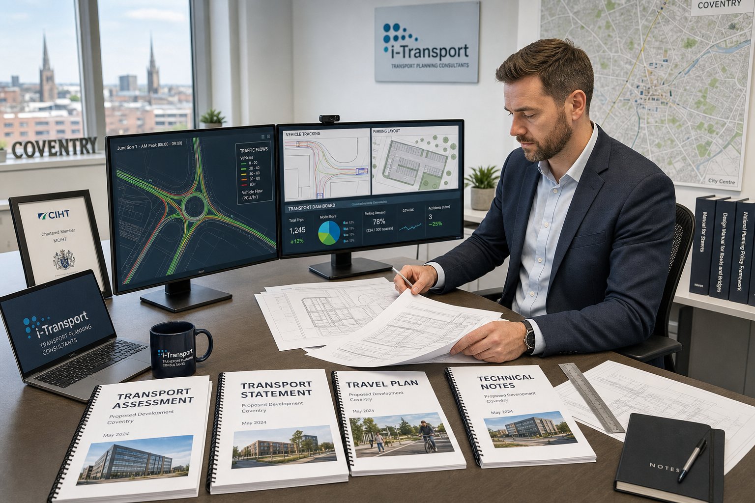 Traffic engineer in Coventry reviewing transport planning reports in a modern office.