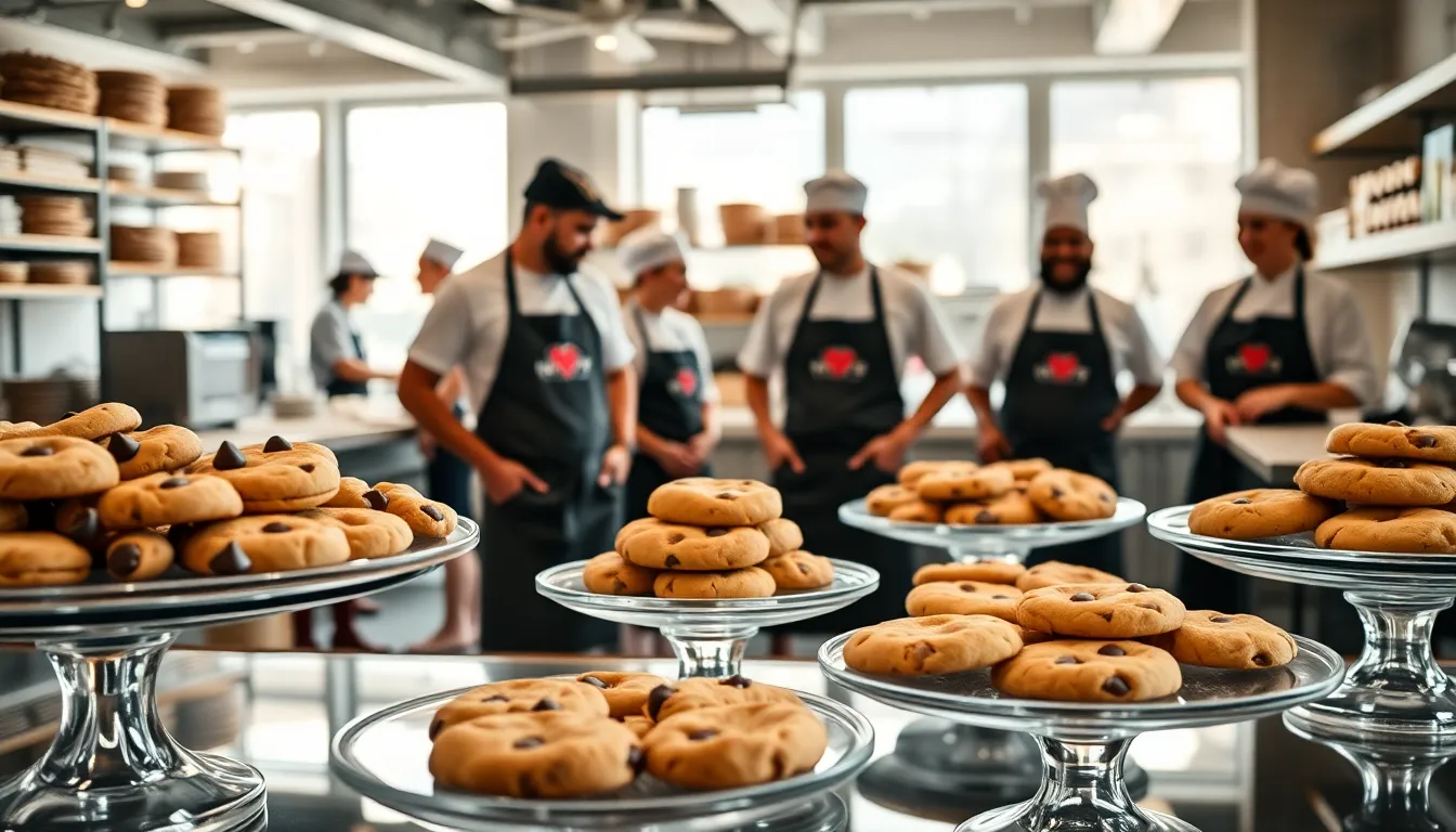 diverse bakers at a modern bakery with a variety of cookies.