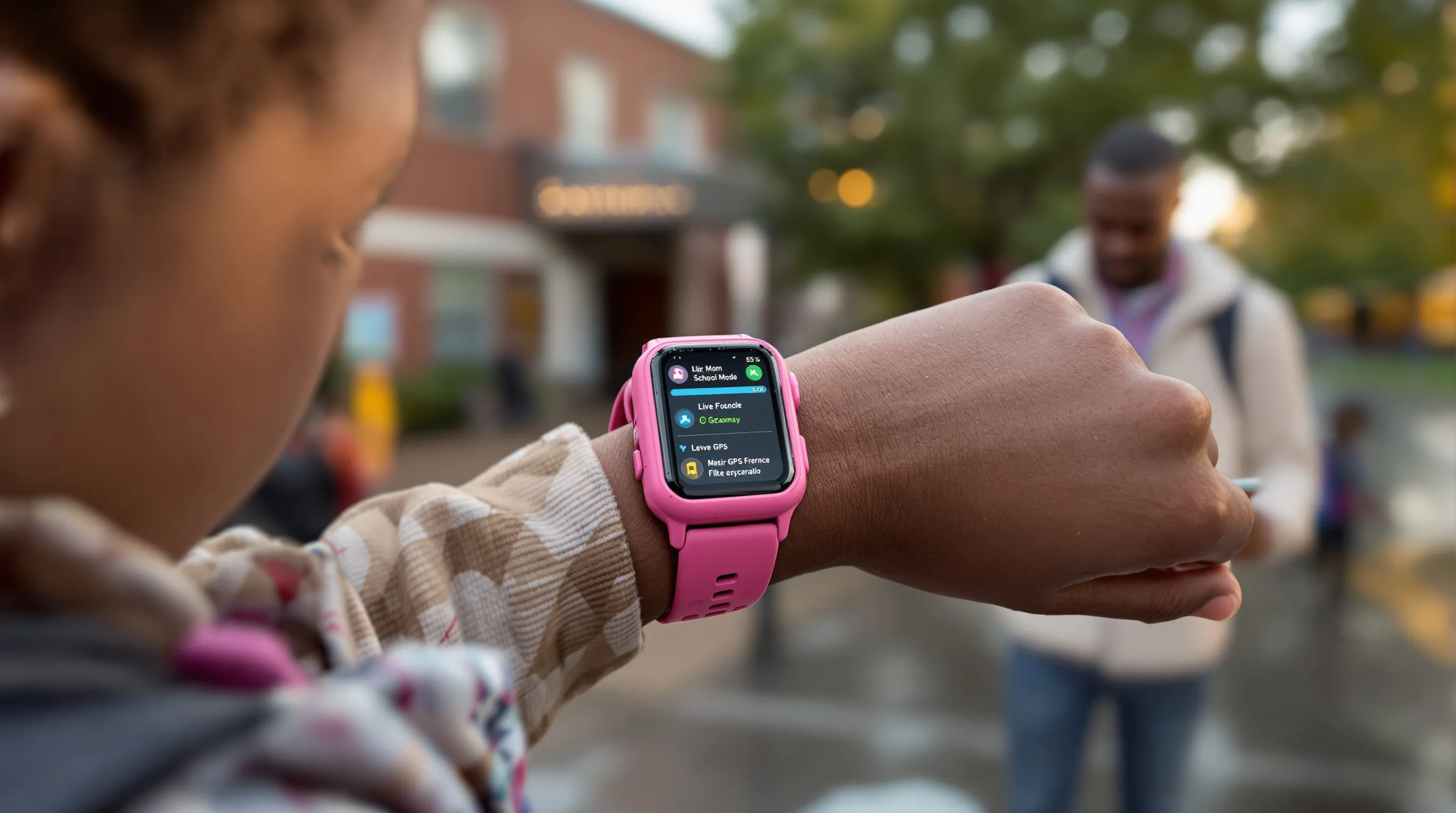 Child checks kid smartwatch with SOS, geofence, and School Mode at school.