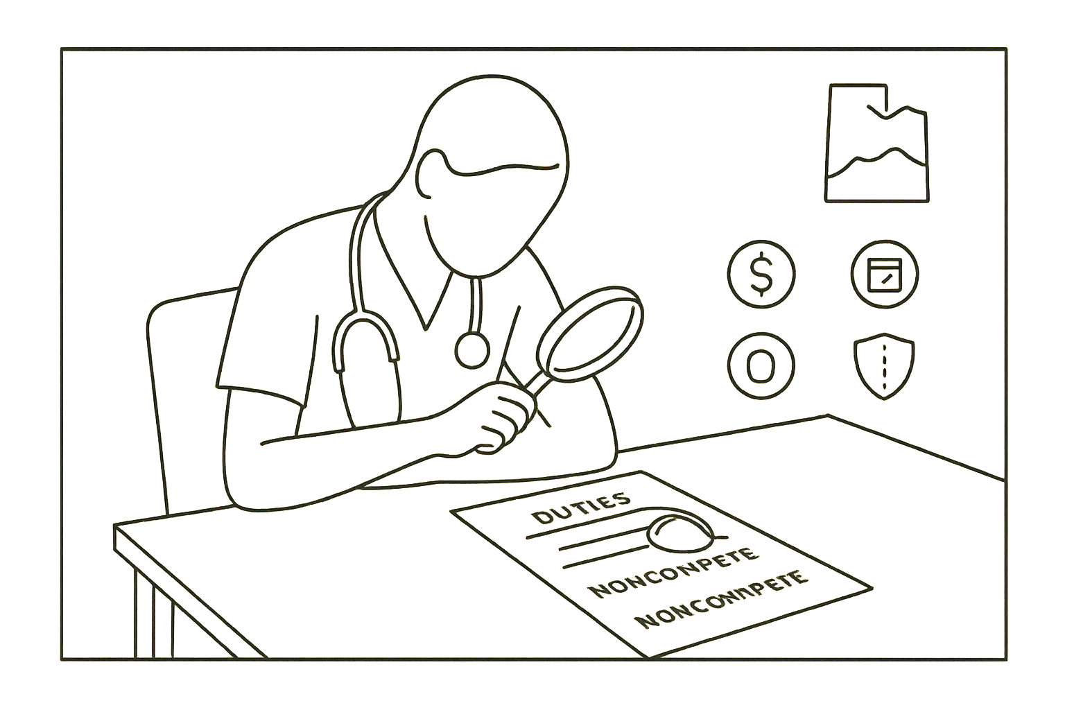 Nurse practitioner examining a contract page with magnifying glass and icons of Utah Nurse Practitioner Contract Review.