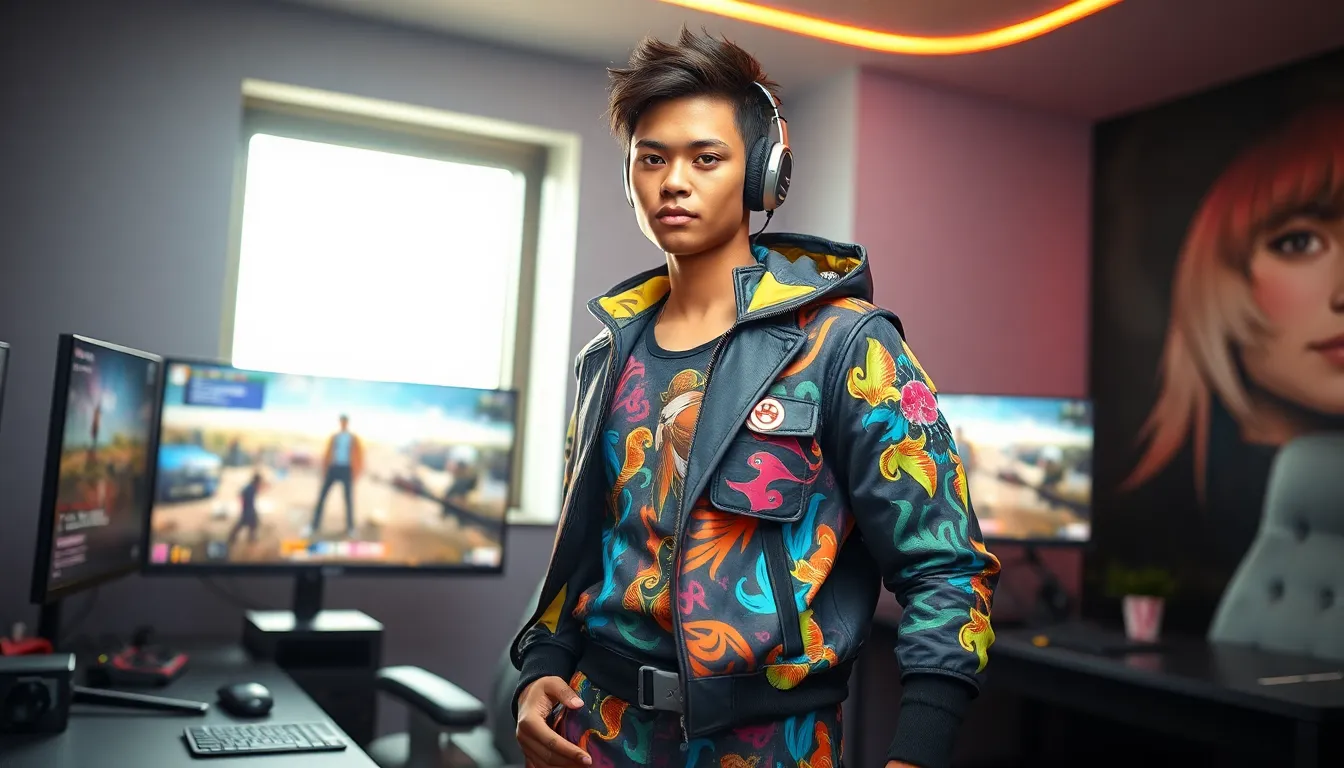 gamer showcasing a rare outfit from PUBG Mobile in a modern gaming setup.