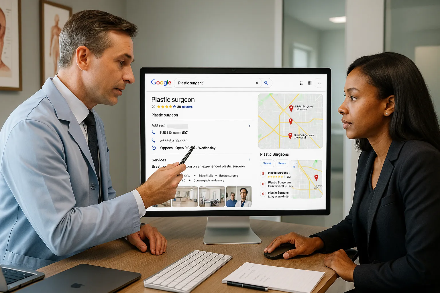 Plastic surgeon and marketer optimizing a Google Business Profile in a modern clinic.