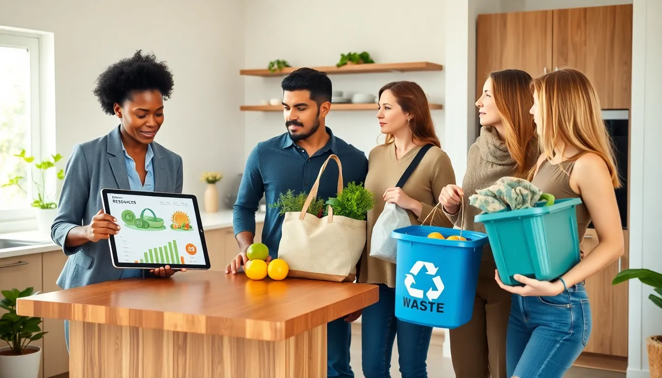 diverse group discussing sustainable living in a modern kitchen.