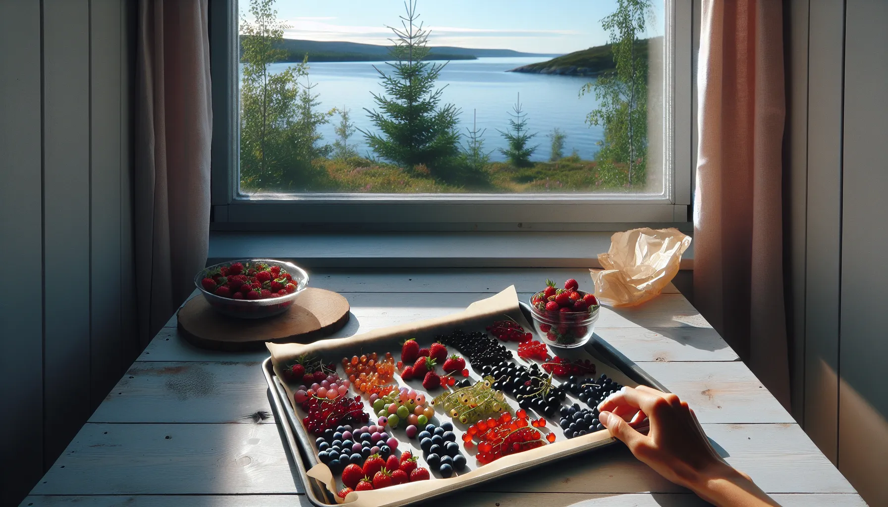 Nordic kitchen freezing assorted berries with bowls of complementary flavor pairings.