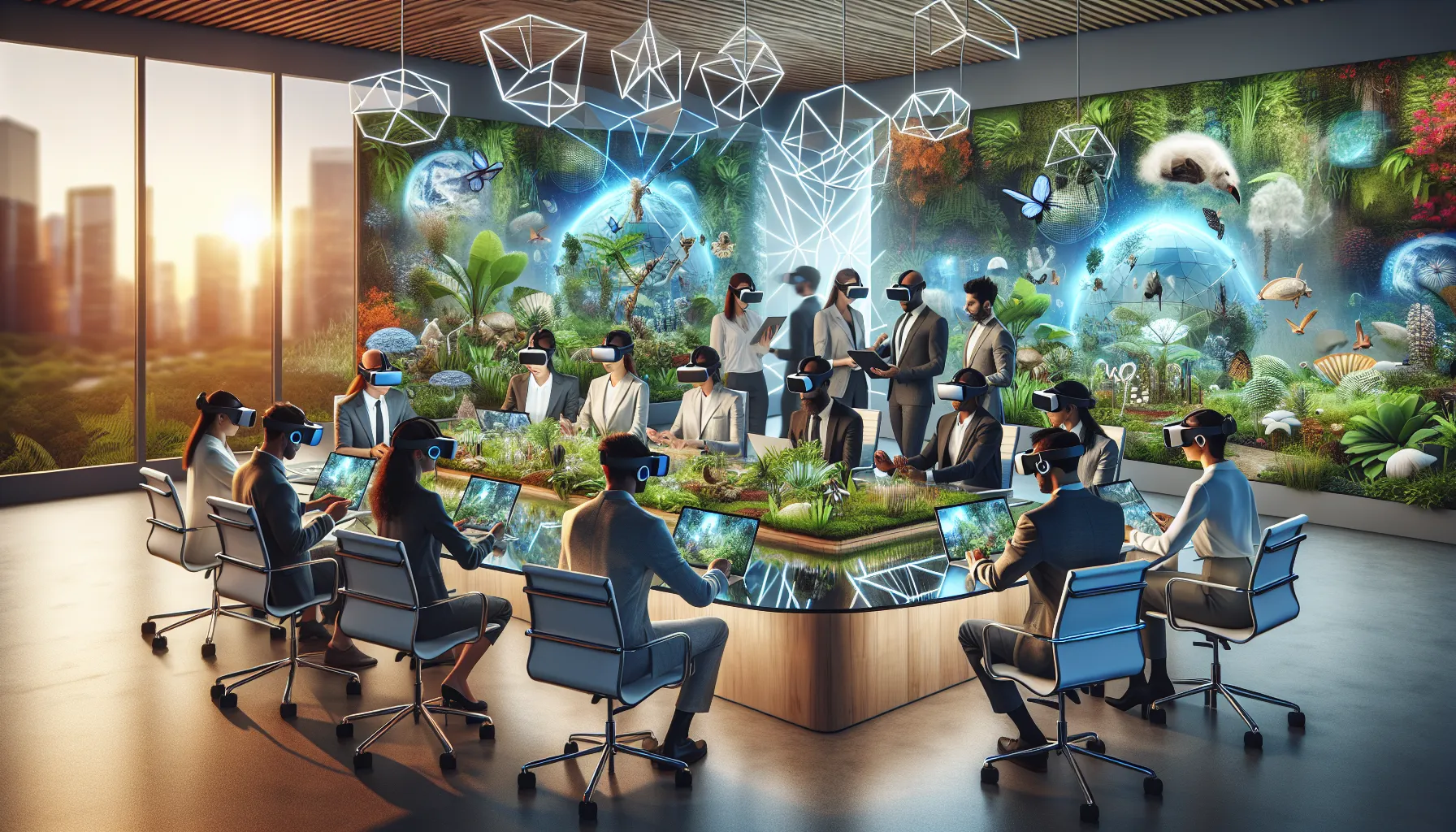 diverse team collaborating on virtual reality projects in a modern office.