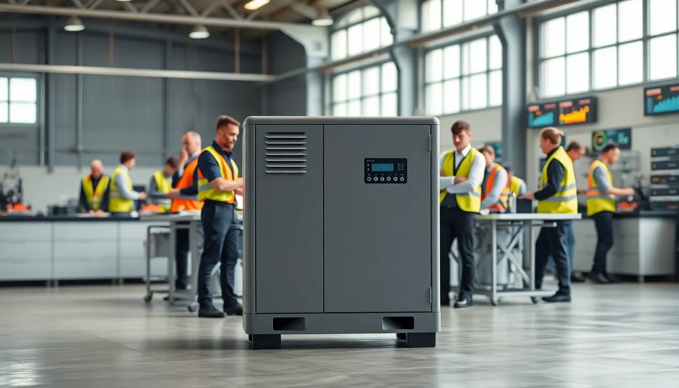 Diverse professionals using a silent air compressor in a bright, modern workshop.