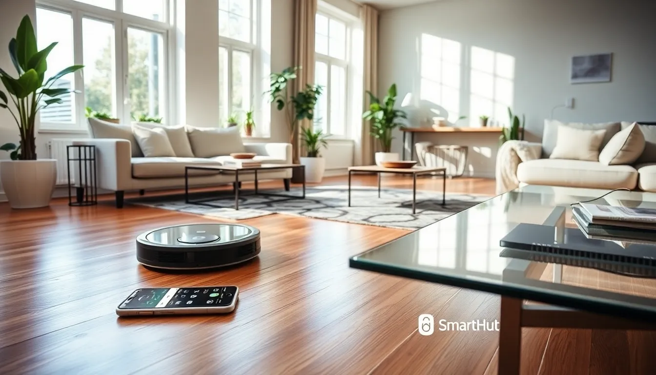A robotic vacuum cleaning a modern living room with a smartphone nearby.