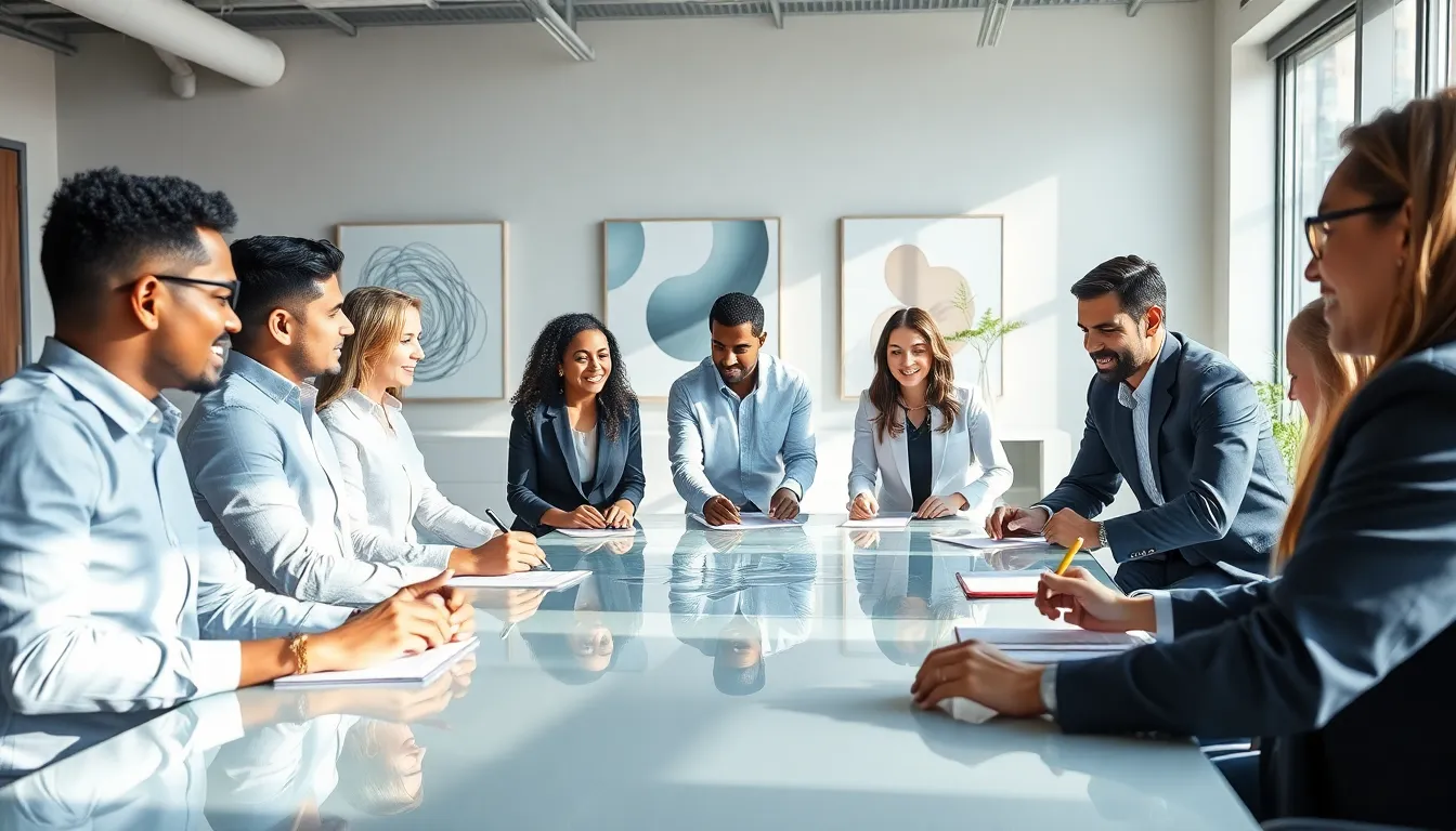 diverse team brainstorming in a modern office setting.
