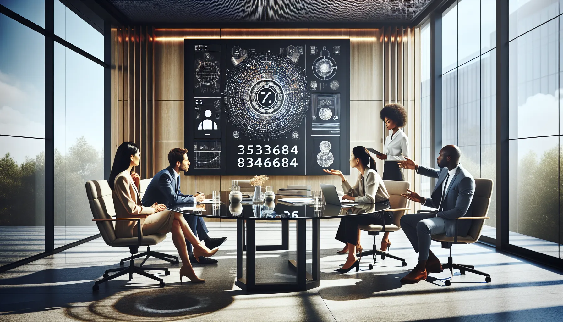 diverse team discussing numerology in a modern office.