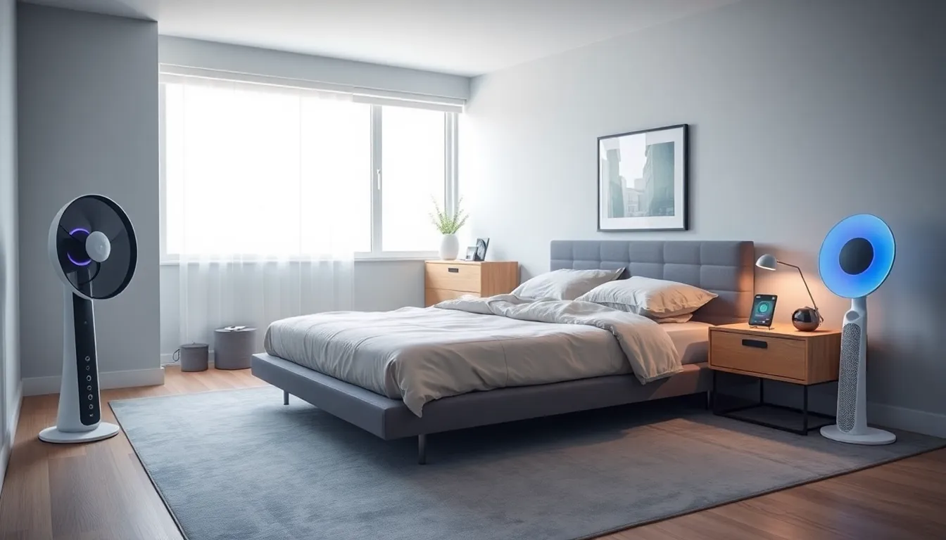 modern bedroom with sleep-enhancing gadgets and calming decor.