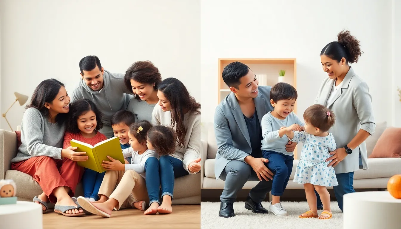 diverse parents illustrating gentle and authoritative parenting styles in a bright living room.