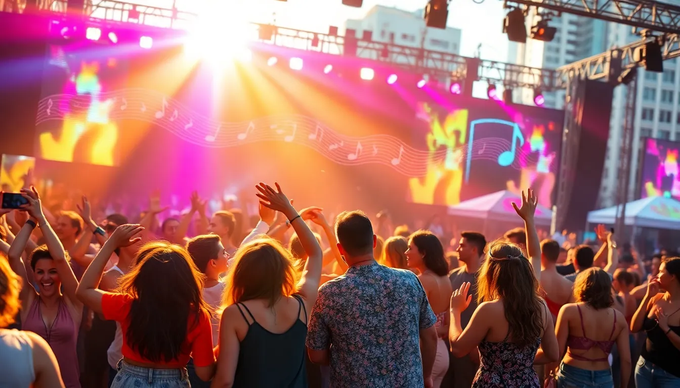 Diverse group at a lively festival celebrating dance music in 2022.