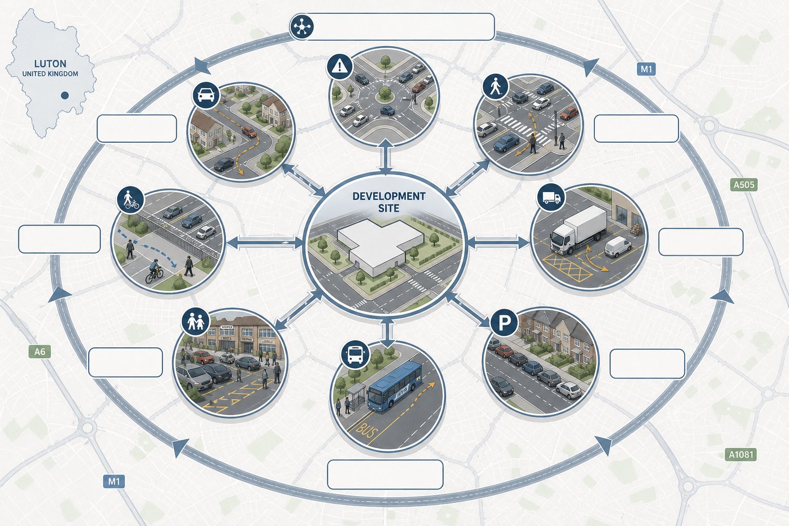 Infographic of development site traffic, access, parking, and pedestrian issues in Luton.