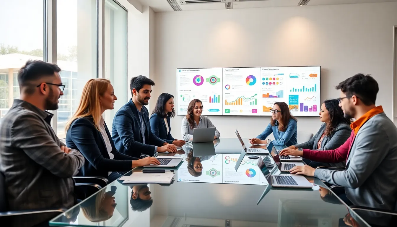 diverse team analyzing market research in a modern conference room.