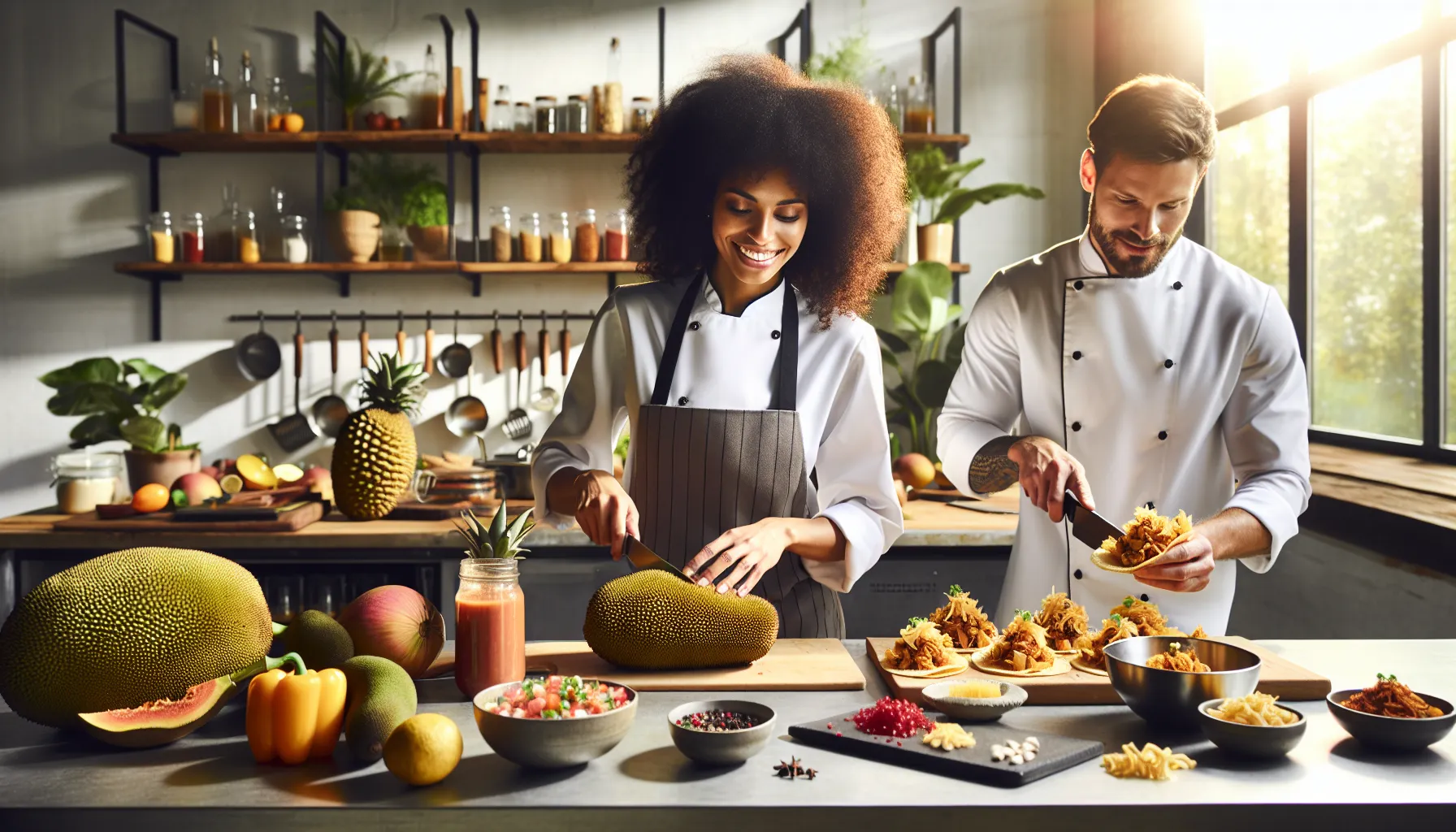 chefs preparing dishes with jackfruit in a modern kitchen.