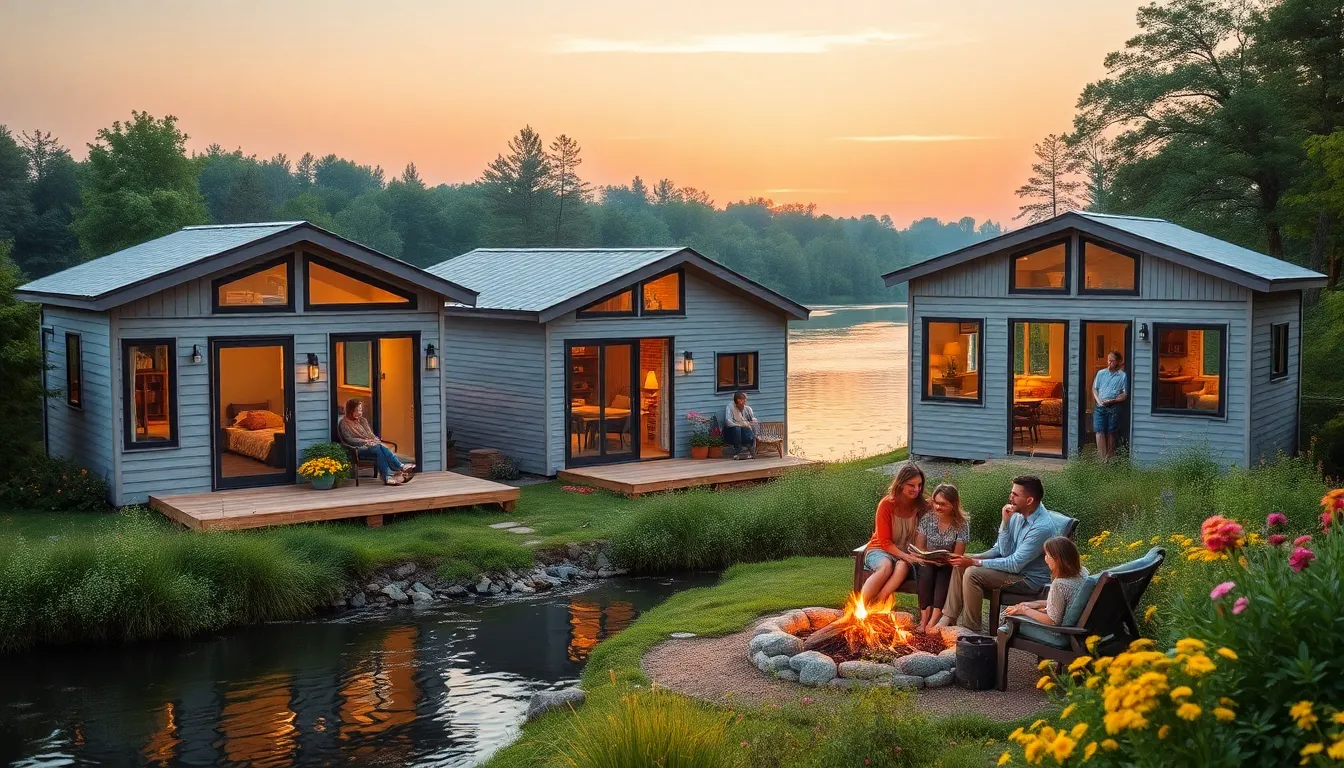Three tiny homes by a tranquil river, showcasing the lifestyle of tiny living.