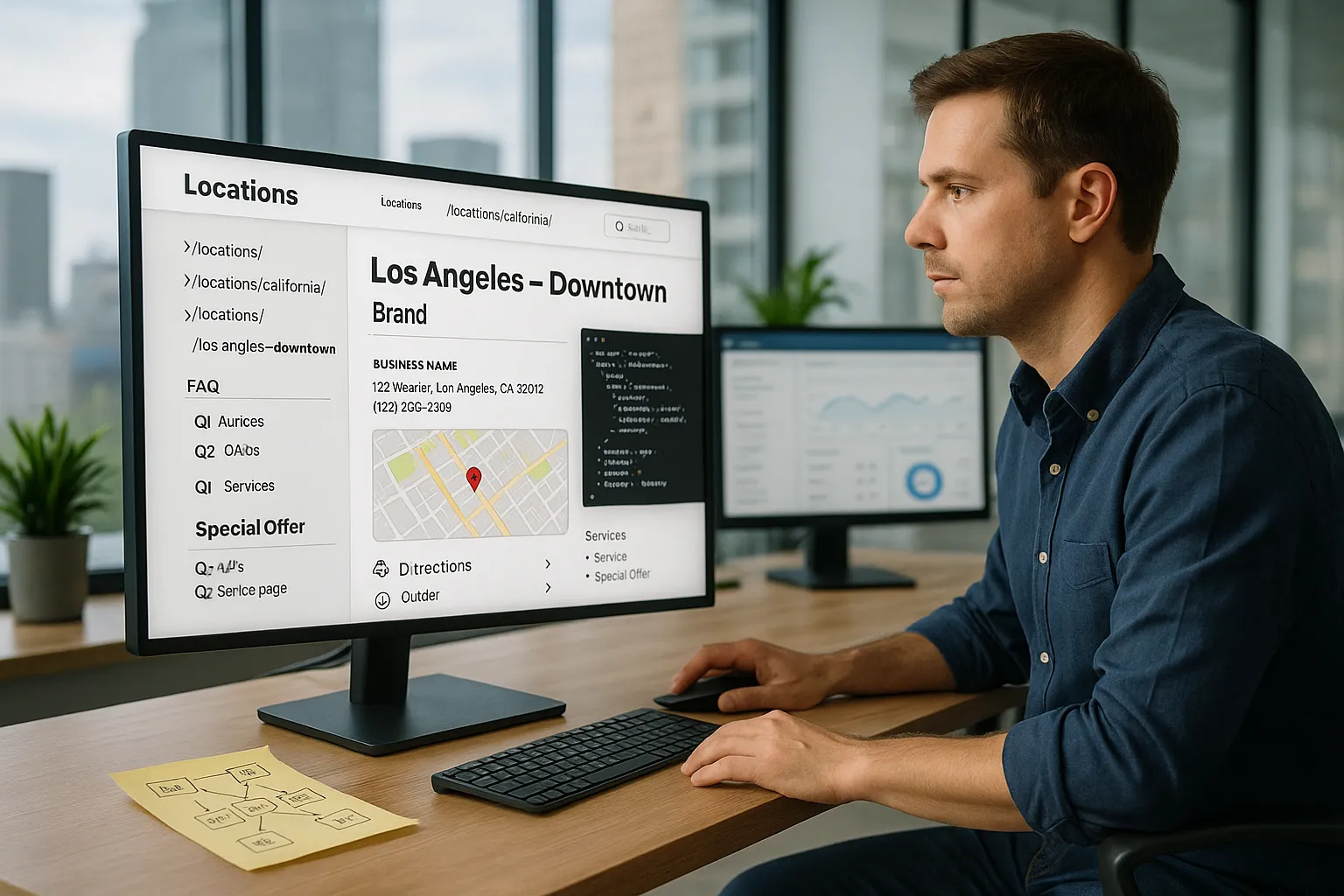 Marketer reviews multi-location franchise website with location pages and embedded map.