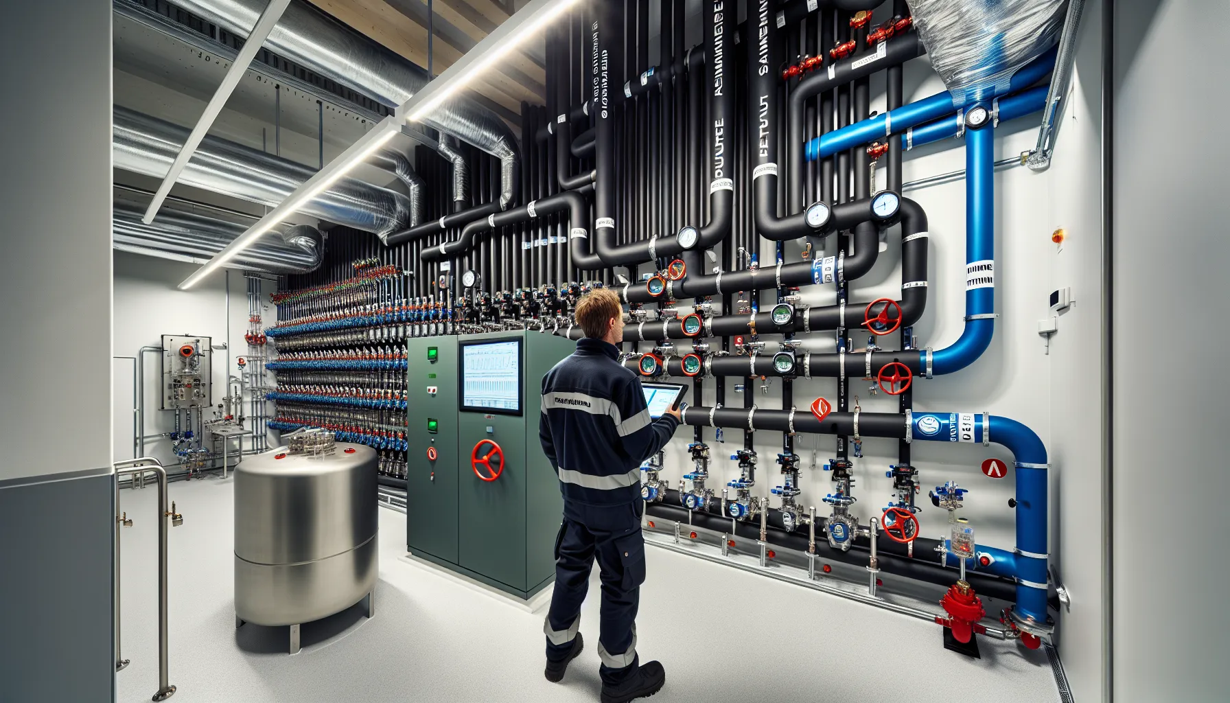 Technician adjusts central heating manifold and controls in a norwegian plant room.