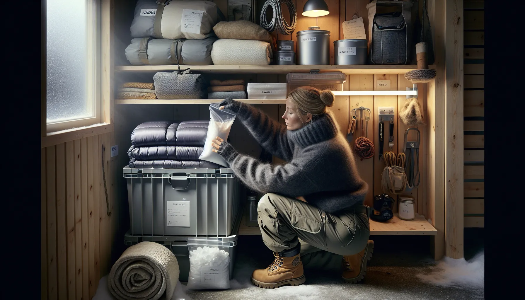 Woman organizing dry camping gear with silica gel in a ventilated garage.
