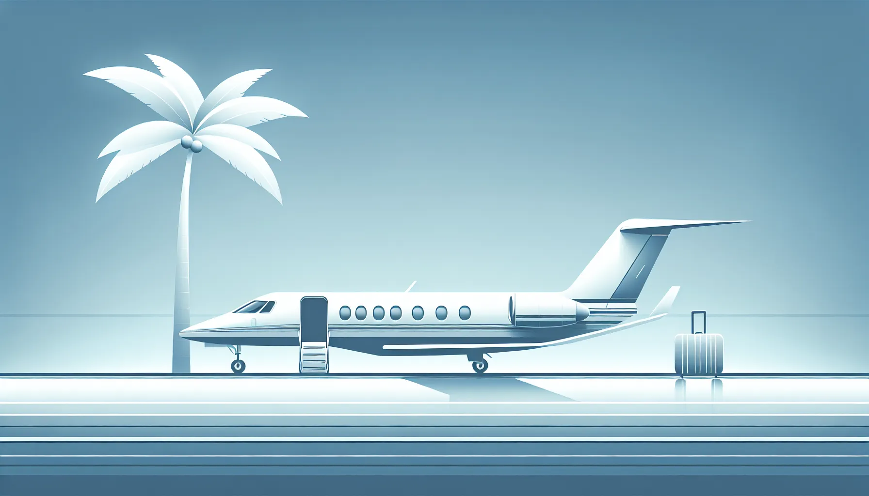 a sleek private jet beside a palm tree on a sunny runway