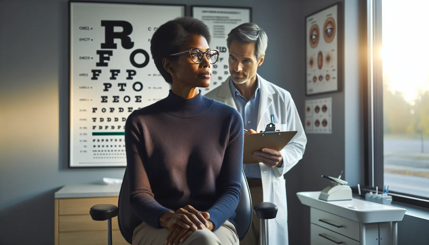 a woman discussing vision issues with an optometrist in an eye care office.