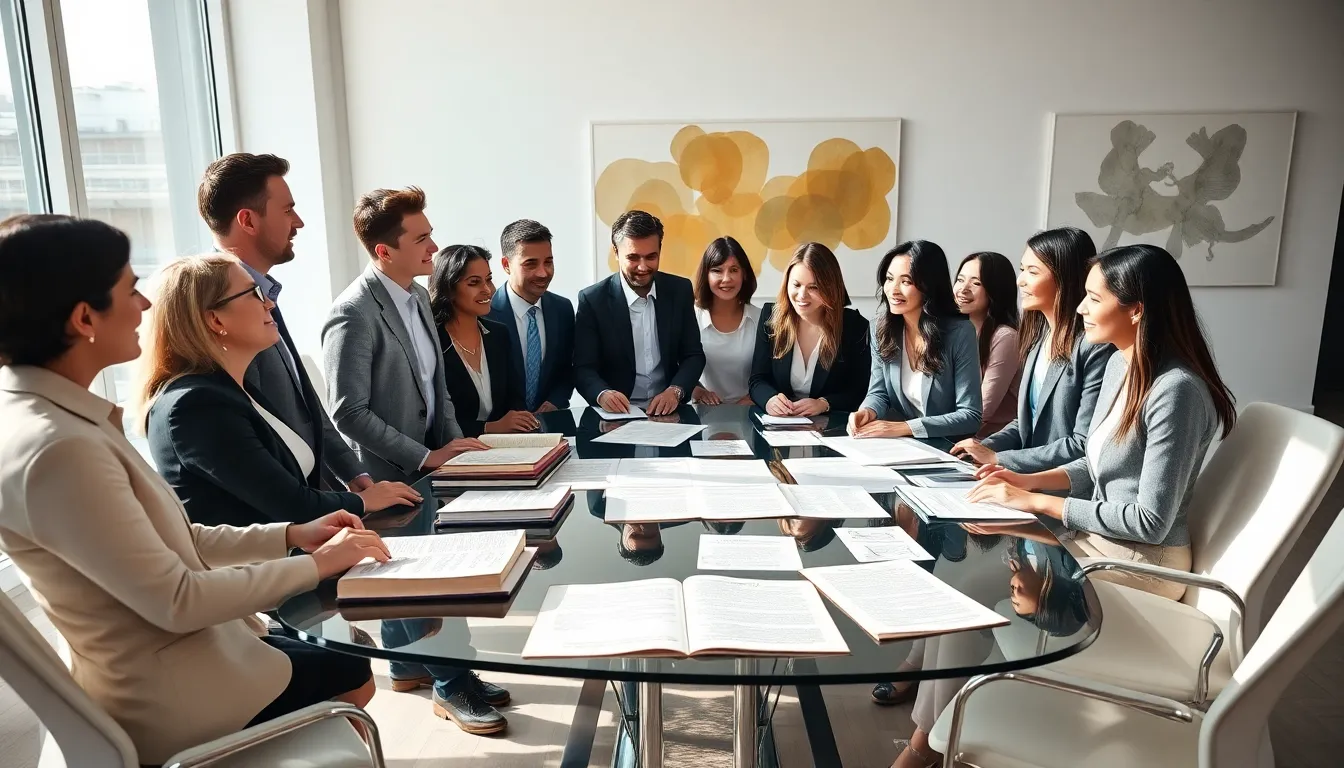 diverse professionals discussing linguistic influences in a modern office.