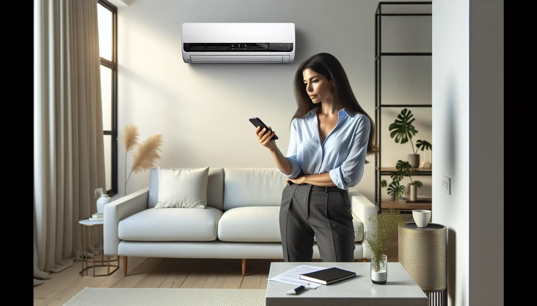 person troubleshooting an air conditioner in a modern living room.