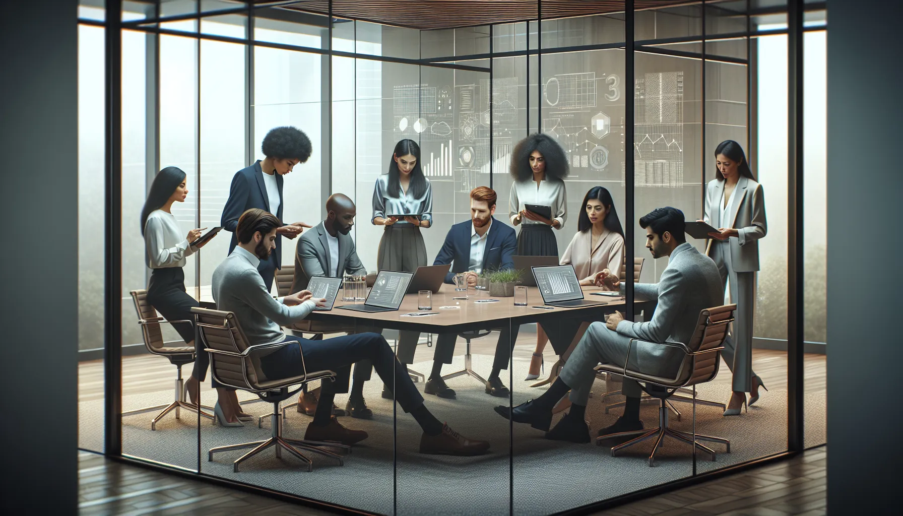 diverse team discussing data analysis in a modern office.