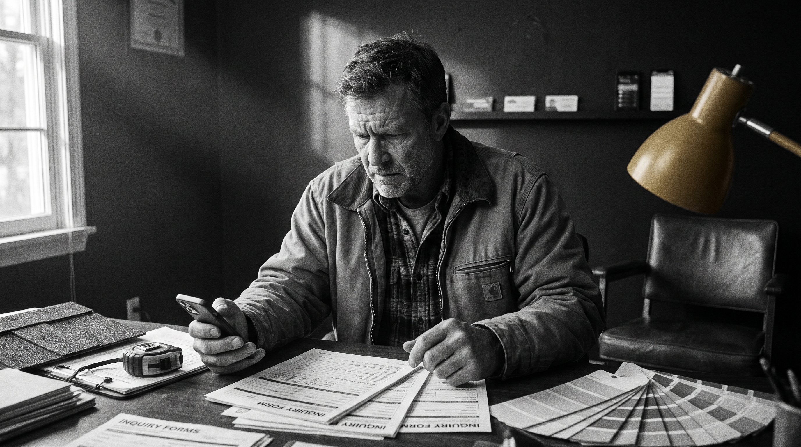 Contractor urgently reviewing competing homeowner leads in a dim office