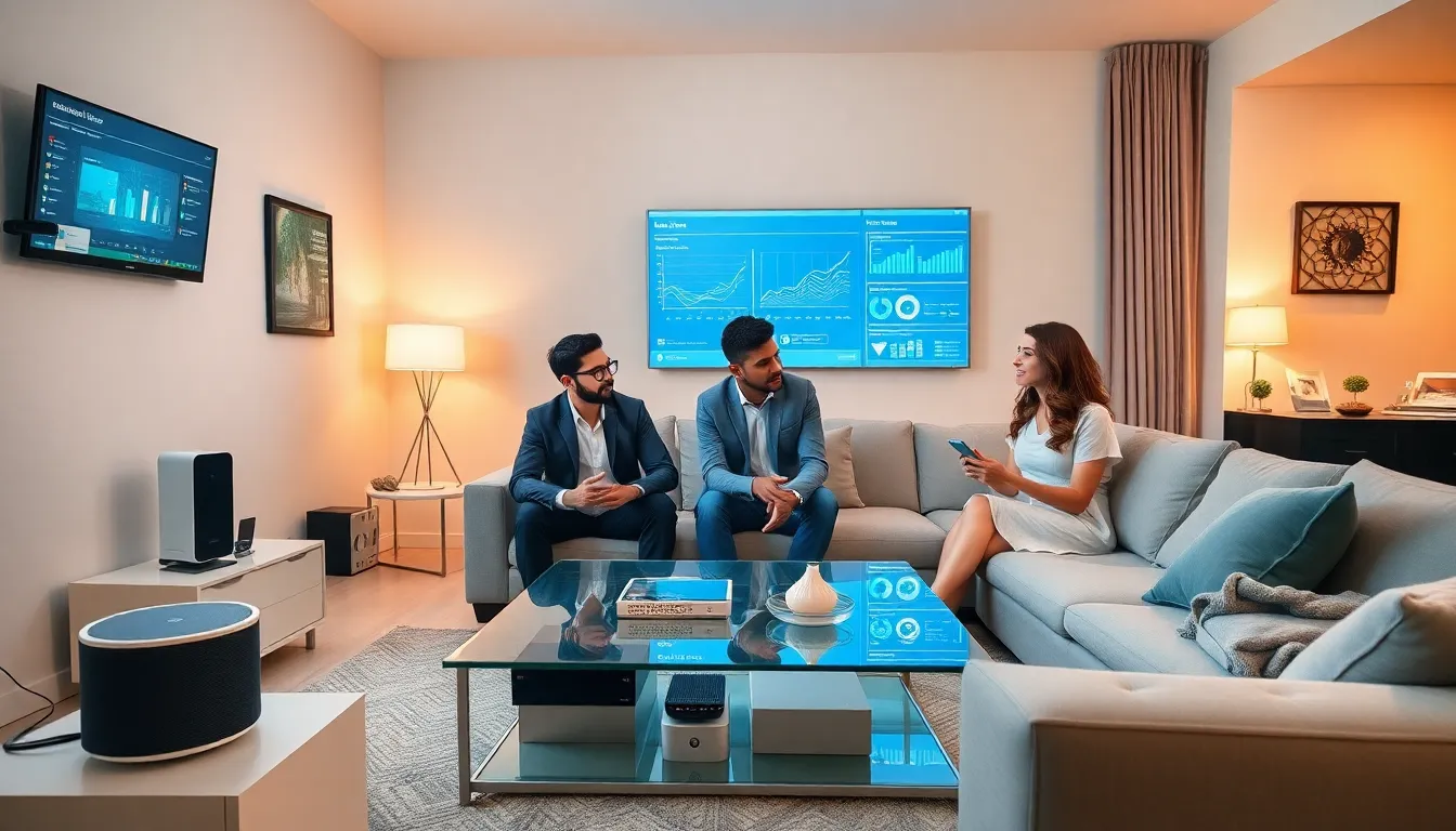 diverse team discussing smart home edge computing in a modern living room.