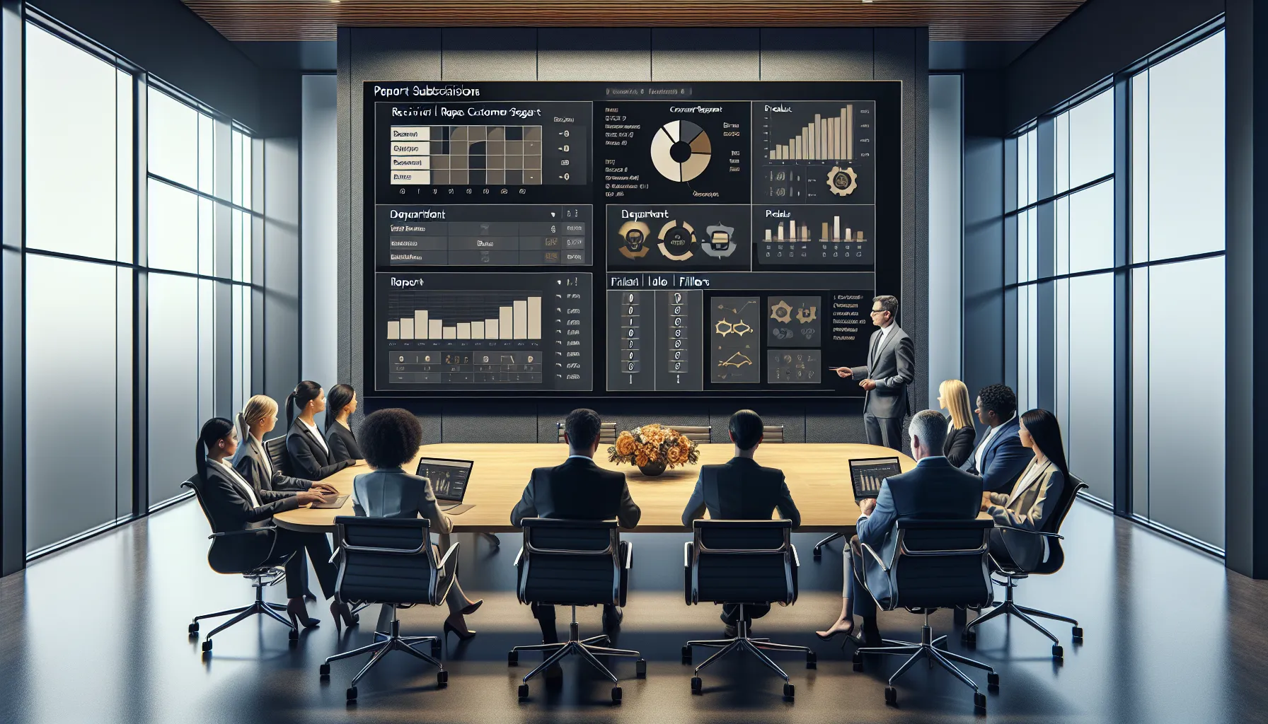 Diverse professionals mapping filtered Power BI report subscriptions in a modern office.
