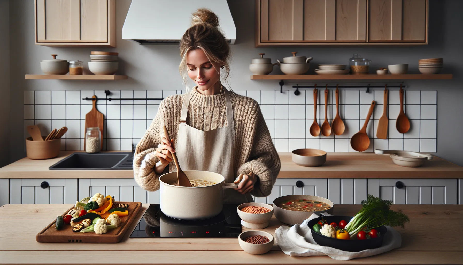Norwegian home cook preparing plant-based dinner with legumes, whole grains, vegetables.